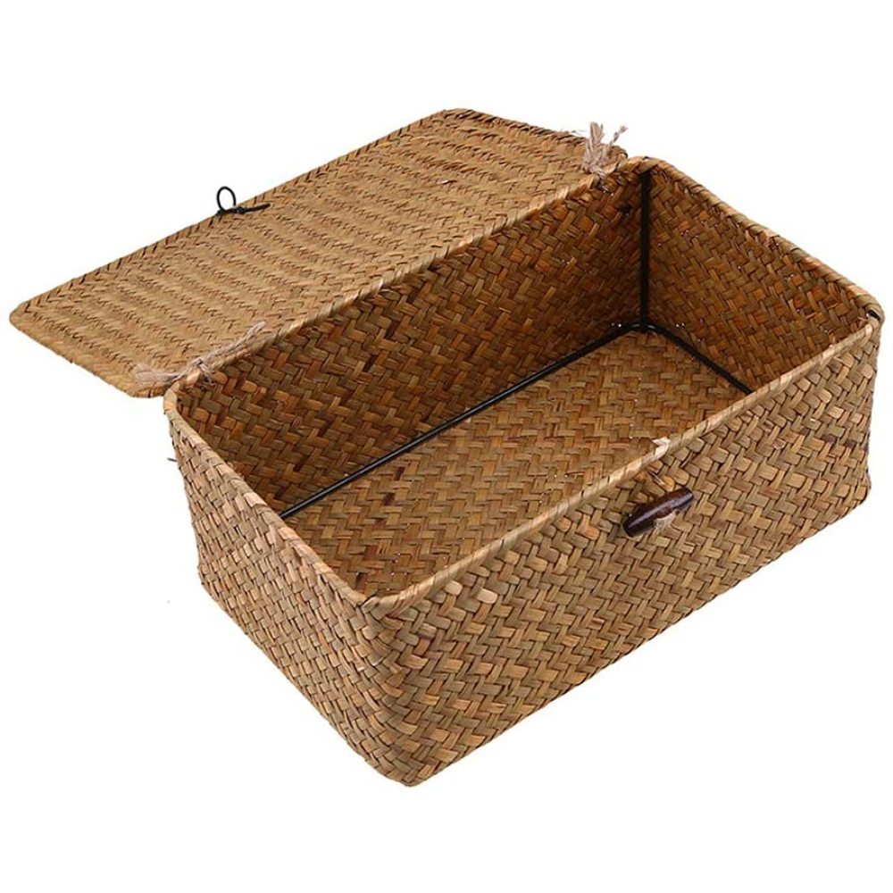 Aufbewahrungskorb Aus Geflochtenem Rattan, Aufbewahrungsbox Mit Deckel, Seegras, Wäschekörbe, Make-Up-Organizer Für Badezimmer, Wohnzimmer, Küche-Erhältlich In 3 Modellen (S, M, L)-L
